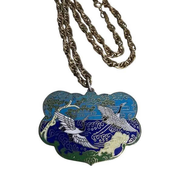 Trifari Jewelry - Vintage Cloisonné Cranes Flying Over Water w/Trifari Gold-toned Rope Necklace